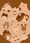  absurdres brown_background brown_theme closed_mouth commentary ditto doduo extra_mouth frigibax frown full_body gulpin highres mawile meowth pikachu pokemon pokemon_(creature) pokemon_focus shroomish sitting skwovet smile spheal standing tandemaus teeth twitter_username untranslatable_commentary vanillite zozozoshion 