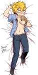  absurdres adonis_belt bed_sheet blonde_hair clenched_hand closed_mouth collarbone covering covering_chest dakimakura denim embarrassed fang highres jeans jeong_surim looking_at_viewer male_focus mole mole_under_eye navel open_clothes open_fly open_shirt pants parkgee pectorals socks suicide_boy tattoo 