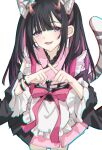  1boy :d animal_ear_fluff animal_ears black_hair blunt_bangs chinese_commentary cho_kaguya-hime! chromatic_aberration commentary_request cowboy_shot crossdressing crossdressing_(mtf) hands_up highres isuze japanese_clothes kimono kimono_dress komazawa_noi long_hair long_sleeves looking_at_viewer male_focus multicolored_hair open_mouth pink_eyes pink_kimono pink_streaks smile solo standing streaked_hair tail tiger_ears tiger_tail trap twintails white_background x_fingers 
