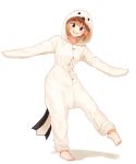  :d animal_costume bangs barefoot brown_hair eyebrows_visible_through_hair full_body grin ibuki_tsubasa idolmaster idolmaster_million_live! kamille_(vcx68) leg_up looking_at_viewer open_mouth outstretched_arms penguin_costume red_eyes short_hair simple_background smile solo standing standing_on_one_leg teeth toe_scrunch white_background 