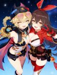  2girls :d absurdres amber_(genshin_impact) bare_shoulders belt black_gloves black_hat black_shorts blonde_hair boots bow braid braided_hair_rings breast_press breasts brown_hair cleavage commentary_request crossed_bangs eyewear_on_head fang fingerless_gloves fylinchi5945 genshin_impact gloves goggles hair_between_eyes hair_rings hairband hat highleg highres jahoda_(genshin_impact) large_breasts long_hair looking_at_viewer medium_breasts multiple_girls open_mouth pouch red_bow red_ribbon ribbon short_shorts shorts sky smile standing star_(sky) starry_sky symmetrical_docking thighhighs thighs v v_over_eye very_long_hair vision_(genshin_impact) yellow_eyes 