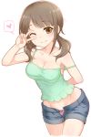  ;) arm_behind_back arm_up bare_arms bare_shoulders blush breasts brown_eyes brown_hair camisole cleavage closed_mouth collarbone covered_navel cropped_legs denim denim_shorts eyebrows_visible_through_hair green_camisole groin heart leaning_forward long_hair looking_at_viewer low_twintails medium_breasts okita_sawa one_eye_closed open_fly panties panties_under_shorts pink_panties shiny shiny_hair short_shorts shorts simple_background smile solo spaghetti_strap speech_bubble spoken_heart strap_slip striped striped_panties sweat tareme tari_tari thighs twintails ug_(nekonekodou) underwear v_over_eye white_background 