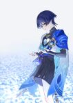  1boy anemo_symbol_(genshin_impact) animal_print belt bird_print black_belt black_bodysuit black_bow black_bridal_gauntlets black_hair black_shorts blue_cape blue_gem blue_kimono blue_sleeves blunt_ends bodysuit bow bridal_gauntlets cape choppy_bangs clothing_cutout colored_inner_hair covered_collarbone eyelashes eyeliner falling_petals feathers field fingernails flower flower_field furisode gem genshin_impact gold gold_ring grey_eyes hakama hakama_shorts half-closed_eyes head_down heart-shaped_hole highres hip_vent hole_in_chest hole_on_body japanese_clothes juban kimono layered_sleeves legs_together looking_down makeup male_focus mandarin_collar middle_ring multicolored_hair open_clothes open_hands open_kimono parted_lips petals pleated_shorts purple_hair purple_rope purple_sash red_eyeliner rope sash scaramouche_(genshin_impact) short_sleeves shorts shoulder_peek solo standing tassel upper_body uragoi vision_(genshin_impact) wanderer_(genshin_impact) white_background white_flower white_kimono white_mouth white_petals white_sleeves white_trim yellow_feathers 