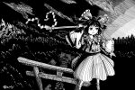  1girl ascot bow building closed_mouth cloud commentary_request detached_sleeves floating forest frilled_bow frills gohei greyscale hair_bow hair_tubes hakurei_reimu hakurei_shrine highres holding holding_gohei long_hair monochrome nature outdoors ribbon-trimmed_sleeves ribbon_trim shoes smile socks solo super-flat-world torii touhou 