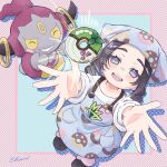  1girl :d absurdres ansha_(pokemon) apron arms_up black_hair black_shoes blue_apron chama_(kevs2875) commentary_request donut donut_print eyelashes food food_print grey_eyes highres hoopa hoopa_(confined) leg_warmers looking_at_viewer looking_up open_mouth pokemon pokemon_(creature) pokemon_legends:_z-a print_apron shirt shoes signature smile spread_fingers standing teeth upper_teeth_only white_shirt 