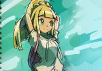  arms_behind_head arms_up backpack bag bangs blonde_hair blue_sailor_collar blunt_bangs braid breasts closed_mouth commentary_request french_braid green_eyes hair_lift hands_in_hair high_ponytail ikki_(degutaro_) lifted_by_self lillie_(pokemon) long_hair looking_away mixed_media navel pokemon pokemon_(game) pokemon_sm sailor_collar shirt short_sleeves sidelocks single_braid small_breasts smile solo stomach white_shirt 