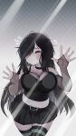  1girl against_fourth_wall against_glass aria_wintermint bare_shoulders belt black_belt black_camisole black_choker black_hair black_skirt breast_press breasts camisole checkered_background choker closed_eyes closed_mouth commentary cowboy_shot english_commentary facing_viewer flying_sweatdrops green_thighhighs hair_over_one_eye highres large_breasts long_hair midriff miniskirt navel parororo pleated_skirt see-through_cleavage see-through_clothes skirt solo striped_clothes striped_thighhighs the_crawling_city thighhighs zettai_ryouiki 