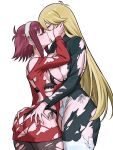  2girls absurdres ass asymmetrical_docking black_bra black_coat black_panties black_thighhighs bra breast_press breasts choppy_bangs cleavage closed_eyes coat commentary commission cowboy_shot dress earrings frilled_panties frills from_side garter_straps groin hair_between_eyes hairband hand_on_another's_face hands_on_another's_ass highres izayoi_aki jewelry kiss lace lace_garter_straps lace_panties lace_thighhighs large_breasts light_blush long_hair multiple_girls off-shoulder_dress off_shoulder panties parted_bangs red_dress sherry_leblanc short_dress short_hair side-tie_panties sidelocks simple_background sweater_vest swept_bangs tall_female thighhighs torn_clothes torn_coat torn_dress underwear very_long_hair white_background white_bra white_hairband white_panties white_thighhighs yu-gi-oh! yu-gi-oh!_5d's yuri zeon_(zzeeonn) 