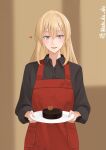  1girl absurdres alternate_costume apron atodashi bismarck_(kancolle) black_shirt blonde_hair blue_eyes blush breasts cake chocolate_cake commentary_request food highres holding holding_plate indoors kantai_collection large_breasts long_hair long_sleeves looking_at_viewer open_mouth plate red_apron shirt smile solo twitter_username valentine 