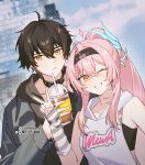  1boy 1girl adoptive_parent_and_adoptive_child aemeath_(wuthering_waves) bare_shoulders belt_collar black_hair black_hairband breasts collar commentary cup disposable_cup father_and_daughter grey_hoodie grey_jacket hair_between_eyes hairband hand_up highres holding holding_cup hood hood_down hoodie jacket long_hair male_rover_(wuthering_waves) medium_breasts one_eye_closed orange_eyes parted_lips pink_hair ponytail rover_(wuthering_waves) sleeveless sleeveless_hoodie smile star-shaped_pupils star_(symbol) symbol-shaped_pupils taosheng untranslatable_commentary v white_hoodie wuthering_waves yellow_eyes 