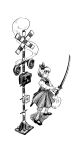  1girl absurdres bloomers collared_shirt commentary_request full_body greyscale highres hitodama hitodama_print holding holding_sword holding_weapon katana konpaku_youmu konpaku_youmu_(ghost) long_sleeves mary_janes monochrome print_skirt print_vest railroad_signal sheath sheathed shirt shoes short_hair skirt socks solo super-flat-world sword sword_on_back touhou unsheathed vest weapon weapon_on_back 