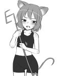  animal_ears ass_visible_through_thighs bangs bare_arms bike_shorts blush cowboy_shot dowsing_rod eyebrows_visible_through_hair greyscale holding jewelry midriff miyo_(ranthath) monochrome mouse_ears mouse_tail nazrin necklace open_mouth short_hair simple_background sleeveless solo sweat tail touhou white_background 