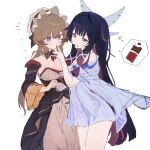  2girls black_bow black_collar black_dress black_hair black_sleeves blue_eyes blush bonnet bow breasts bright_pupils candy chocolate chocolate_bar chocolate_on_face collar colored_inner_hair columbina_(genshin_impact) commentary cowboy_shot cup detached_collar detached_sleeves dress flying_sweatdrops food food_on_face gem genshin_impact hair_ornament head_wings heart highres holding holding_cup licking licking_another's_finger licking_finger long_hair medium_breasts multicolored_hair multiple_girls multiple_wings purple_eyes purple_hair purple_streaks red_gem sandrone_(genshin_impact) short_hair_with_long_locks simple_background sketch strapless strapless_dress sui_h2so teacup two-tone_hair unusually_open_eyes valentine very_long_hair white_background white_dress white_headdress wide_sleeves wing_hair_ornament wings yuri 