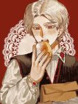  1boy androgynous black_vest blush commentary doily donut eating floral_print food high_collar highres holding holding_pastry_bag long_sleeves open_mouth original pastry_bag poland polish_clothes powdered_sugar puffy_long_sleeves puffy_sleeves red_background red_eyes rose_print saboten92 shirt short_hair teeth untranslatable_commentary upper_body upper_teeth_only vest white_hair white_shirt 