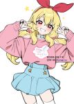  1girl aikatsu! aikatsu!_(series) alternate_hairstyle artist_name belt_collar black_nails blonde_hair blue_choker blue_skirt bow bow_hairband choker collar commentary contrapposto cowboy_shot dated dot_nose double_v english_text grin hair_between_eyes hairband hands_up happy highres hoshimiya_ichigo itinana legs_apart light_blush long_hair long_sleeves low_twintails miniskirt pink_shirt print_shirt red_bow red_eyes red_hairband shirt shirt_tucked_in simple_background skindentation skirt smile solo standing star_(symbol) straight-on straight_hair thighhighs twintails twitter_username v white_background white_thighhighs zettai_ryouiki 