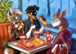  2018 anthro beverage border_collie burger canine clothed clothing collie digital_media_(artwork) dog ear_piercing equine female food fries fur hair hi_res male mammal multyashka-sweet okapi piercing simple_background soda wolf 