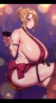 1girl absurdres alcohol angelica_rafa_redgrave areola_slip backless_dress backless_outfit blonde_hair blush braid breasts bun_with_braided_base commentary_request commission covered_nipples cup curvy deka_(deka_4242) dress drinking_glass evening_gown hair_bun highres holding holding_cup huge_breasts long_hair looking_at_viewer otome_gee_sekai_wa_mob_ni_kibishii_sekai_desu panties panty_peek partial_commentary pixiv_commission plump red_eyes single_hair_bun sitting smile thick_thighs thigh_strap thighs underwear wine wine_glass 