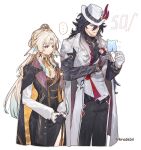  ... 1boy 1girl absurdres artist_name ashveil_(honkai:_star_rail) black_gloves black_hair blonde_hair closed_mouth coat commentary couple dress food forehead_jewel gem gloves hair_between_eyes hat head_tilt height_difference hetero high_ponytail highres holding holding_food holding_popsicle honkai:_star_rail honkai_(series) kradebii long_hair long_sleeves looking_at_food looking_down looking_to_the_side open_clothes open_coat pants parted_bangs pearl_(gemstone) pearl_(honkai:_star_rail) ponytail popsicle purple_eyes side_slit simple_background speech_bubble standing tongue tongue_out trembling twitter_username untranslatable_commentary upper_body white_background 