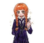 1girl agnes_demille arm_behind_back black_vest blunt_bangs braid closed_mouth collared_shirt cowboy_shot green_eyes gucandiyi52092 hair_over_shoulder hair_tie holding holding_key jacket key keyring long_hair looking_at_viewer necktie orange_hair purple_jacket purple_necktie purple_skirt school_uniform shirt skirt smile solo sparkle striped_clothes striped_jacket striped_skirt suit_jacket the_addams_family twin_braids vest wednesday_(netflix) white_background white_shirt 