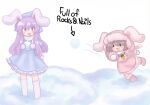  2girls alice_grimm animal_ears arrow_(symbol) blush boots brown_eyes commentary dress ears_through_headwear english_commentary english_text fang frilled_dress frills fur-trimmed_boots fur-trimmed_dress fur-trimmed_sleeves fur_collar fur_trim hat highres inaba_tewi jewelry long_sleeves multiple_girls necklace open_mouth rabbit_ears rabbit_girl red_eyes reisen_udongein_inaba scarf smile snow snowball snowball_fight socks throwing touhou ushanka 