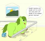  2014 aged_up ambiguous_feral ambiguous_gender avocado_(fluffy_pony) baby_talk carpdime dialogue digital_media_(artwork) english_text feral fluffy_pony fluffy_pony_(species) fur green_body green_eyes green_fur green_hair green_tail hair hooves mammal monotone_body monotone_fur open_mouth picture_on_wall shaded side_view smile solo speech_bubble standing tail text toy_block 
