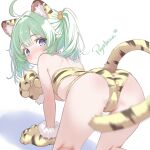  1girl ahoge all_fours animal_ears animal_hands animal_print ass bare_shoulders blue_eyes blush commentary_request crop_top gloves green_hair highres looking_at_viewer looking_back medium_hair original paw_gloves po_yo_ta_ma short_shorts shorts solo tail tiger_ears tiger_girl tiger_print tiger_tail twintails 
