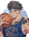  1boy absurdres arm_tattoo arm_up ball basketball_(object) basketball_jersey blue_eyes brown_hair chest_tattoo commentary_request dog_tags forked_eyebrows golden_state_warriors headband highres holding holding_ball luke_sullivan male_focus national_basketball_association prat_rat scar scar_across_eye scar_on_cheek scar_on_face short_hair solo street_fighter street_fighter_6 tattoo upper_body white_background wristband 