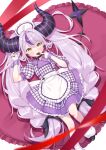  1girl absurdres ahoge apron black_choker black_horns bow bow_earrings braid buttons candy chocolate choker commentary demon_girl demon_horns double-breasted dress earrings fingerless_gloves food frilled_apron frilled_dress frills gingham_clothes gingham_dress gloves grey_hair hands_up heart heart-shaped_chocolate heart-shaped_food highres hololive horns jewelry la+_darknesss long_hair looking_at_viewer lying on_back pointy_ears puffy_short_sleeves puffy_sleeves purple_dress purple_streaks ribbon_choker sawamaru_0528 short_sleeves single_hair_streak solo striped_horns tail twin_braids very_long_hair virtual_youtuber waist_apron white_gloves wrist_cuffs yellow_eyes 