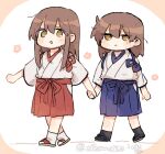  2girls :< aged_down akagi_(kancolle) alternate_hairstyle black_socks blue_hakama brown_eyes brown_hair commentary full_body hair_down hakama holding_hands ina_(1813576) japanese_clothes kaga_(kancolle) kantai_collection kimono long_hair multiple_girls red_hakama sandals socks tasuki untranslatable_commentary white_kimono white_socks 