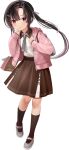  1girl bag black_hair black_socks brown_collar brown_skirt collar collared_shirt full_body grey_necktie grey_shoes hoshiakari_(c2_kikan) jacket kantai_collection long_hair nankai_(kancolle) necktie nosaki_(kancolle) nosaki_kai_(valentine)_(kancolle) official_alternate_costume official_art pink_jacket pleated_skirt red_eyes shirt shoes shopping_bag side_ponytail skirt smile socks solo 