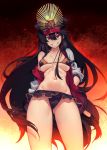  bikini black_hair fate/grand_order fate_(series) hat headphones headphones_around_neck highres jacket long_hair looking_at_viewer navel oda_nobunaga_(fate) oda_nobunaga_(swimsuit_berserker)_(fate) peaked_cap red_eyes smile solo swimsuit try 