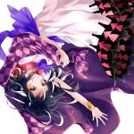  1girl album_cover arrow_print black_hair blue_bow blue_bowtie blue_sash blush bow bowtie bracelet bright_pupils checkered_blanket chikuwa_savy collar commentary_request cover dress feet_out_of_frame gold_bracelet grin jewelry kijin_seija looking_at_viewer open_mouth outstretched_arm outstretched_hand red_collar red_eyes red_streaks sash short_hair small_horns smile solo spacelectro touhou white_background white_dress white_pupils white_streaks 