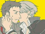  2boys chrogane33 commentary_request doujima_ryoutarou grey_hair hand_on_another's_arm houndstooth incest incoming_kiss looking_at_another male_focus mature_male multiple_boys narukami_yu persona persona_4 profile school_uniform simple_background smile sweat uncle_and_nephew yaoi yasogami_school_uniform yellow_background 