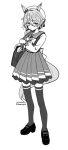  1girl absurdres animal_ears bag beret bow breasts closed_mouth commentary_request full_body glasses greyscale hair_between_eyes hat highres horse_ears horse_girl horse_tail k.s.miracle_(umamusume) long_sleeves looking_at_viewer monochrome pleated_skirt sailor_collar sailor_shirt saramiao-chan school_uniform serafuku shirt shoes short_hair shoulder_bag simple_background skirt smile solo tail thighhighs tracen_school_uniform umamusume zettai_ryouiki 