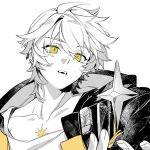  1boy absurdres black_coat caelus_(honkai:_star_rail) coat collarbone eyes_visible_through_hair fingernails hair_between_eyes hand_up hashtag-only_commentary highres honkai:_star_rail honkai_(series) hood hooded_coat lapels long_sleeves looking_at_object male_focus open_clothes open_coat open_mouth partially_colored rongyuan_gulu scar shirt short_hair simple_background solo star_(symbol) t-shirt tassel teeth trailblazer_(honkai:_star_rail) two-sided_coat two-sided_fabric white_background yellow_coat yellow_eyes 