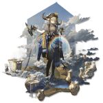  1girl animal_ears arknights azling black_gloves black_pantyhose brown_hair brown_shirt can chain_weapon clothes_around_waist cloud cow_ears cow_girl cow_horns flower flower_on_head full_body gloves green_eyes highres holding holding_can holding_weapon horns jacket jacket_around_waist knife_sheath layered_shirt looking_at_viewer official_alternate_costume official_art pallas_(a_drip_of_orea_and_potamous)_(arknights) pallas_(arknights) pantyhose parthenon pouring rainbow sheath shirt short_sleeves smile solo standing transparent_background weapon yellow_flower 