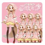  1girl :d :o arms_at_sides black_thighhighs blush border brown_gloves brown_hair character_name closed_mouth commentary_request cross-laced_shoes drawstring frilled_sleeves frills full_body fur-trimmed_gloves fur_trim gloves hood hood_up hoodie long_hair multiple_expressions multiple_views o_o official_art one_eye_closed open_mouth ouka_miko outline outside_border pink_hoodie red_eyes red_shoes second-party_source shoes short_sleeves shorts simple_background smile standing tail thighhighs tied_drawstring v-shaped_eyebrows voicevox white_border white_outline wolf_girl wolf_tail yareru_babaa yellow_shorts 