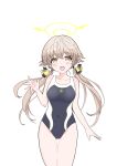  absurdres azaka_(azaka3220) blue_archive commentary competition_school_swimsuit covered_navel cowboy_shot halo hifumi_(blue_archive) highleg highleg_one-piece_swimsuit highres long_hair looking_at_viewer low_twintails one-piece_swimsuit open_mouth school_swimsuit smile swimsuit teeth thigh_gap trinity_general_school_swimsuit twintails upper_teeth_only white_background wing_ornament yellow_halo 