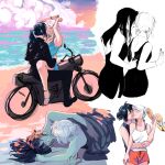  2girls absurdres alternate_costume alternate_universe ariane_yeong black_dress black_hair black_jacket closed_eyes couple dress elster_(signalis) hat highres holding holding_unworn_clothes holding_unworn_hat hug hug_from_behind humanization jacket kisexey kiss long_hair motor_vehicle motorcycle multiple_girls multiple_views on_motorcycle shirt signalis sitting sitting_on_lap sitting_on_person smile straw_hat under_covers unworn_hat unworn_headwear unzipping white_hair white_shirt yuri 