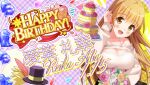  1girl :d aiba_reika bad_id balloon bare_shoulders bilingual_text birthday_cake black_hat blonde_hair blush bouquet breasts cake character_name cleavage cleavage_cutout clothing_cutout collarbone confetti earrings english_text feathers flower food game_cg hand_in_own_hair happy_birthday hat hat_feather head_tilt heart heart_balloon heart_earrings holding holding_bouquet idol_wars jewelry large_breasts layer_cake long_hair looking_at_viewer mixed-language_text off-shoulder_sweater off_shoulder official_art open_mouth orange_flower orange_rose pink_flower pink_rose plaid_background purple_feathers red_feathers red_ribbon ribbon rose second-party_source smile solo star_(symbol) string_of_flags sweater top_hat upper_body white_flower white_rose yellow_eyes yellow_feathers 
