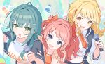  3girls :d :o ahoge black_jacket blonde_hair blue_eyes blush braid breasts commentary_request crossed_bangs fujita_kotone gakuen_idolmaster green_eyes green_hair hair_between_eyes hair_intakes hair_ornament hair_ribbon hairclip hanami_saki holding holding_microphone idolmaster jacket large_breasts long_hair long_sleeves microphone midriff_peek misuzu0342 multiple_girls necktie open_clothes open_jacket open_mouth orange_necktie orange_ribbon orange_shirt re;iris_(idolmaster) red_hair ribbon shirt smile tsukimura_temari twin_braids two_side_up upper_body v-shaped_eyebrows x_hair_ornament yellow_eyes yellow_jacket 
