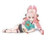  1girl :3 absurdres ahoge animal_ear_fluff animal_ears ankle_belt aqua_shirt black_shorts braid bright_pupils carrot commentary crop_top crop_top_overhang furry furry_female highres holding holding_carrot long_hair looking_at_viewer midriff navel pink_hair rabbit_ears red_eyes shirt short_shorts shorts simple_background single_off_shoulder smile solo spwnockey stomach thigh_strap twin_braids white_background white_pupils zenless_zone_zero zhao_(zenless_zone_zero) 