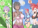  1boy 3girls aqua_gem artist_name bandeau bare_arms bead_necklace beads belt black_hair black_shirt blue_eyes blue_gloves blue_jacket blue_shorts breasts bright_pupils bugsy_(pokemon) butterfly_net cleavage collarbone collared_shirt commentary_request crop_top cropped_jacket cropped_shirt dark-skinned_female dark_skin denim diamond_(gemstone) diamond_(shape) diamond_earrings earrings flannery_(pokemon) gem gloves green_shirt green_shorts half-closed_eyes halter_shirt halterneck hand_net highres holding holding_butterfly_net jacket jagamo jeans jewelry large_breasts midriff multiple_girls neck_ring neckerchief necklace olivia_(pokemon) one_eye_closed one_side_up open_mouth pants pink_gem pink_lips pokemon pokemon_bw pokemon_hgss pokemon_oras pokemon_sm pouch purple_hair purple_shorts red_bandeau red_eyes red_hair shirt short_hair short_hair_with_long_locks short_shorts short_sleeves shorts sidelocks skyla_(pokemon) smile split_ponytail thigh_pouch tied_shirt tsurime white_belt wide_ponytail yellow_neckerchief 