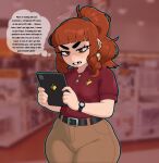  1girl bags_under_eyes belt black_belt blue_outline blunt_bangs brown_eyes brown_pants champchidi clenched_teeth collared_shirt commentary cowboy_shot drill_hair drill_sidelocks ear_piercing earrings english_commentary english_text eyelashes freckles gold_earrings half-closed_eyes high_ponytail highres holding holding_tablet_pc indoors jewelry missing_tooth original outline pants pear-shaped_figure photo_background piercing ponytail red_shirt saturday_(champchidi) shirt short_sleeves shortstack sidelocks solo speech_bubble sphere_earrings tablet_pc teeth thick_eyebrows thought_bubble v-shaped_eyebrows watch wide_hips wristwatch 