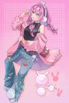  1girl animal_ear_headphones animal_ears asaoka_born14 aubrey_(birthday)_(omori) aubrey_(faraway)_(omori) aubrey_(omori) bag blue_bow blue_eyes blush bow braid breasts cardigan character_charm charm_(object) commentary_request cupcake_bunny_(omori) denim double-parted_bangs fake_animal_ears forest_bunny?_(omori) forest_bunny_(omori) hair_bow hair_ornament hairclip handbag headphones highres jeans long_sleeves low_twin_braids mr._plantegg_(omori) omori open_cardigan open_clothes pants parted_lips pink_cardigan pink_hair rabbit_ear_headphones rabbit_ears shoes small_breasts sneakers solo torn_clothes torn_jeans torn_pants twin_braids 