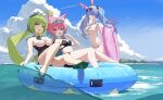  3girls :3 :d absurdres ahoge animal_ear_fluff animal_ears aqua_hair aqua_pupils astral_party bare_shoulders bikini black_bikini blue_eyes blue_hair blue_sky blush breasts closed_mouth cloud cloudy_sky commentary_request cross-shaped_pupils eyewear_on_head front-tie_bikini_top front-tie_top full_body green_eyes green_shoes hair_between_eyes hand_up hat heart heart-shaped_eyewear highres holding holding_swim_ring huge_breasts large_breasts legs long_hair looking_at_viewer lulu_(astral_party) medium_breasts medium_hair mimi_(astral_party) multicolored_hair multiple_girls navel ocean open_mouth outdoors parunan_(astral_party) pink_hair pink_streaks shoes sitting sky smile stomach streaked_hair swim_ring swimsuit symbol-shaped_pupils two-tone_hair white_bikini white_hat yellow_pupils youtanhuayuan255 