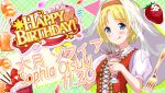  1girl :q bad_id balloon bilingual_text blonde_hair blue_eyes blush breasts character_name cinnamon_stick closed_mouth confetti english_text flower food fork fruit game_cg gold_fork hairband hand_up happy_birthday heart_balloon holding holding_food holding_utensil idol_wars looking_at_viewer mixed-language_text official_art ootsuki_sophia orange_flower orange_hairband orange_rose parfait plaid_background red_ribbon red_vest ribbon rose second-party_source see-through_clothes see-through_veil shirt short_hair short_sleeves small_breasts smile solo star_(symbol) strawberry string_of_flags swiss_clothes tongue tongue_out upper_body veil vest white_shirt white_veil 