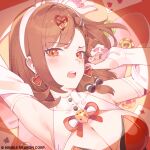  1girl animal_ears arm_behind_head arm_up armpits bare_shoulders black_survival blush breasts bridal_gauntlets brown_hair cleavage commentary_request dice earrings eternal_return:_black_survival fake_animal_ears frown hair_ornament hairband hand_up heart heart_earrings heart_hair_ornament highres hop3 jewelry korean_commentary large_breasts leotard looking_at_viewer medium_hair neck_ribbon official_alternate_costume open_mouth orange_eyes playboy_bunny red_leotard ribbon solo strapless strapless_leotard tran_quynh_mai upper_body v-shaped_eyebrows white_hairband 