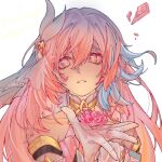  1girl bare_shoulders breasts chinese_commentary commentary_request corset crystal_flower diamond-shaped_pupils diamond_(shape) elysia_(herrscher_of_human:_ego)_(honkai_impact) elysia_(honkai_impact) gloves hair_ornament highres honkai_(series) honkai_impact_3rd large_breasts long_hair looking_at_viewer mi_gua multicolored_hair parted_lips pink_hair purple_eyes simple_background solo symbol-shaped_pupils two-tone_hair upper_body very_long_hair white_background white_corset white_gloves white_hair 