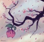  cherry_blossoms cherubi dietranch grey_sky highres no_humans one_eye_closed outdoors pokemon pokemon_(creature) signature sky solo tree 